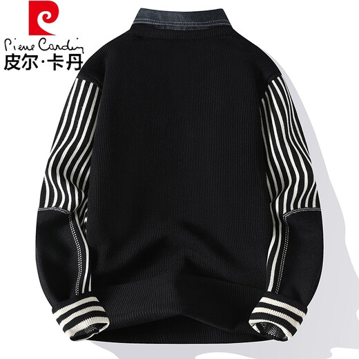 皮尔卡丹（pierre cardin）假两件毛衣男秋冬款厚款拼接针织打底衫感衬衫领加绒条纹线衣 9277黑色 (约105~120斤可穿) L