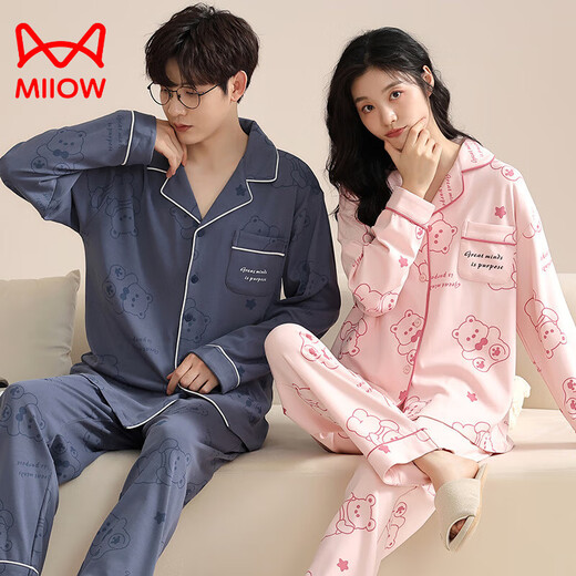 Cat Man (MiiOW) Spring and Autumn Couple Cotton Long Sleeve Pajamas Autumn Couple Clothing Women's Men's Loose Home Clothing 2025 Set AM=Female 34103-Male 34104 3XL Male
