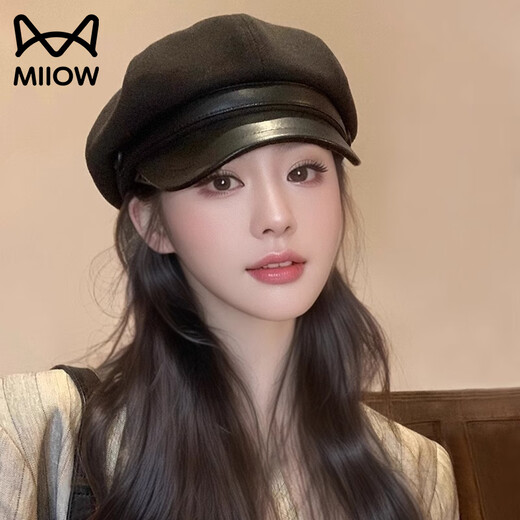 Catman high-end Maillard beret women's new spring and autumn duck bill octagonal hat showing face small versatile painter hat coffee color one size (56-59CM)