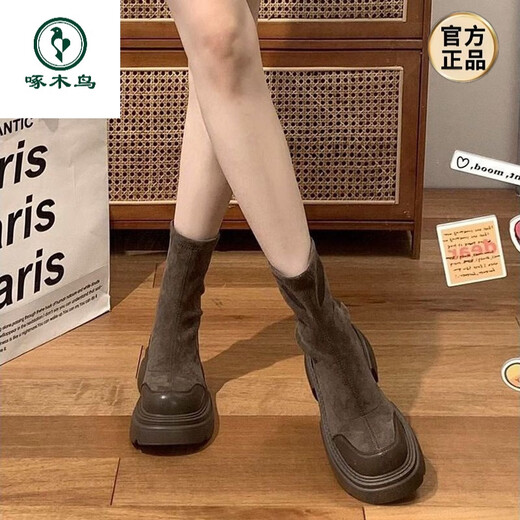 Woodpecker showing her feet, small thick sole retro British style Martin boots for women's autumn and winter style 2024 new thick heel added brown single 39