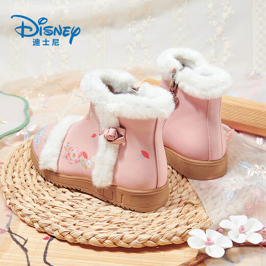 Disney children's shoes, Chinese style girls' Hanfu shoes, sweet winter plus velvet short boots, retro cotton boots DP22160 pink 31