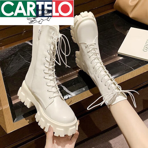 Картоловые маленькие усиленные ботинки Martin British Style High Top Women's Women 2025 Spring и осенняя толстая единственная сапоги белые ботинки в середине труба черные 37