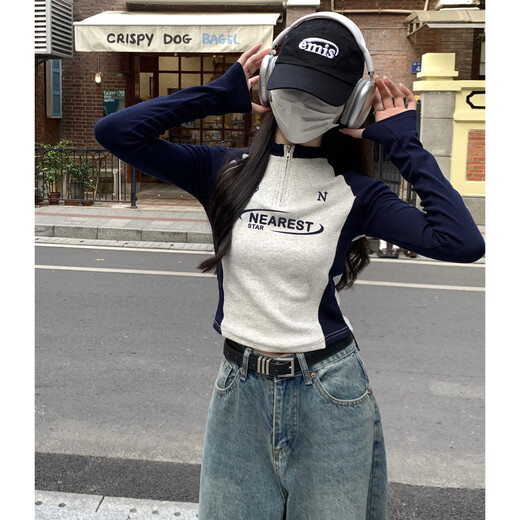 TonLion 2025 Women's Stand Collar Zipper Sleeve Splicing Long Sleeve T-Shirt Navy L