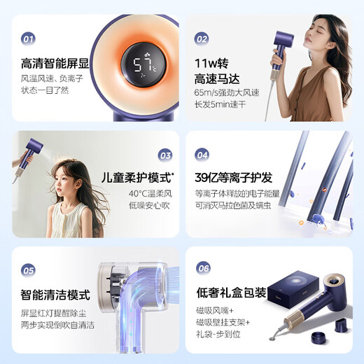 Midea hair dryer household negative ion high power does not damage hair hair dryer high-speed hair dryer curling set hair dryer 3.9 billion plasma hair care sterilization and mite removal smart LCD screen + new soft baby mode + quick-drying magnetic air nozzle hanger birthday gift for girls, wives, girlfriends, mothers-in-law, elderly people, practical and high-end