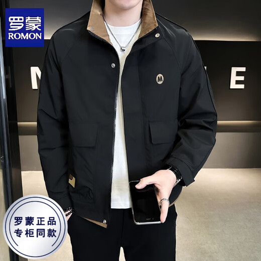 ROMON stand-up collar thickened jacket men's autumn and winter new cotton youth casual workwear cotton top jacket men black thickened 2XL recommended 140-155Jin Jin equals 0.5 kg