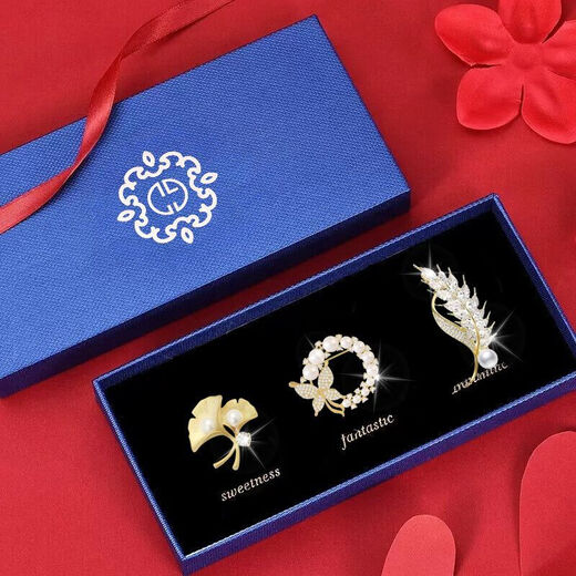 Jingshengya Zhou Brooch Women's High-end Corsage Suit Suit Accessories Light Luxurious Temperament Women's Birthday Gift Practical Noble Brooch Three-piece Set Gift Box