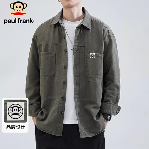 大嘴猴（paul frank）长袖衬衫男士春秋季美式复古休闲工装外套男上衣男装 森绿色 XL