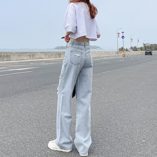 网红破洞牛仔裤女2025春秋新款高腰显瘦垂感阔腿拖地裤ins潮夏装 浅蓝色现货【687款长裤】 XL