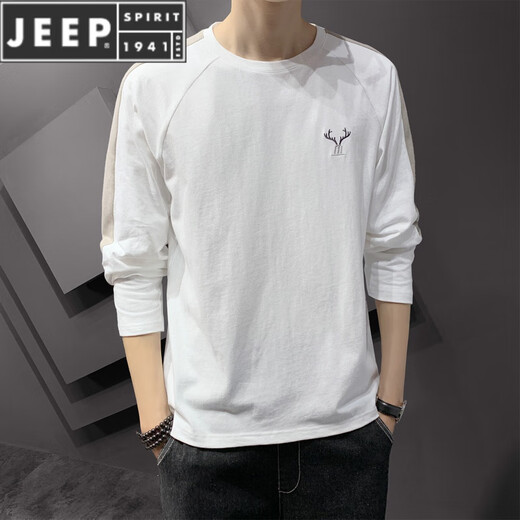 Jeep Spirit Herren-Langarm-T-Shirt-Frühling und Herbst neue Basishemd Trendy Lose und vielseitiger runder Nackenpullover lässig Top DS692 Aprikosen M (ca. 90-110 Jin [Jin Equals Equals Equals Equals) kann getragen werden)