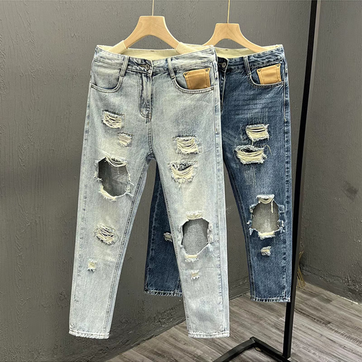 NANBOWAN SUMBRE Large Jeans Ripped Brand Men's Trendy Brand Pantalon Nine Point Version à la mode mince Pantalon Stretch Foot 9737 Bleu 28