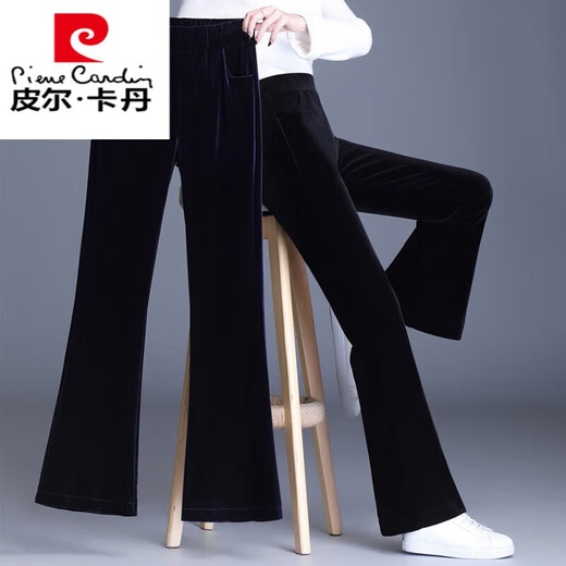 皮尔卡丹丝绒喇叭裤女春秋小个子金丝绒微喇裤显瘦直筒裤高腰长裤子休闲裤 3886 黑色 长裤 +绒款 3XL 135-150斤