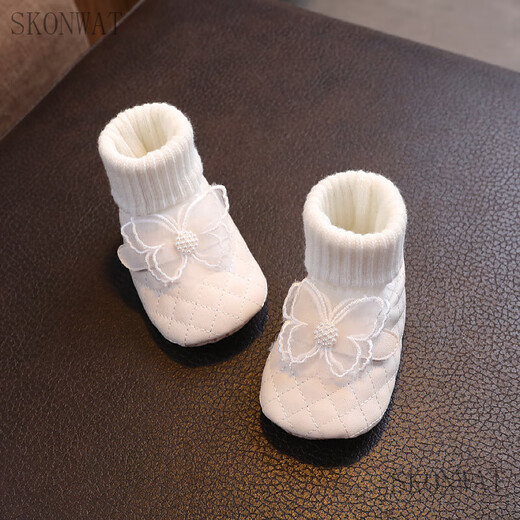 Skonwat Baby Girl Frühlings- und Herbstsocken Schuhe Baby Schmetterlingsgarn Anti-Schlupf-Schuhe süße Prinzessin Kleinkindschuhe 0-3-6 Monate 1 Jahr alte Socken Cover rosa Schmetterling PU-Leder [Frühlings- und Herbst-Baumwollsocken Schuhe HN] 12 Innenlänge CM (empfohlen 5-9 Monate)