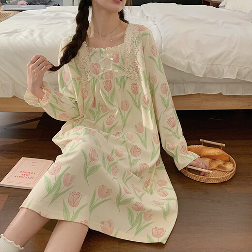浪莎（LangSha）睡裙女士春秋夏季新款套头长袖睡衣可爱卡通中长款可外穿家居服 Q16853 3XL