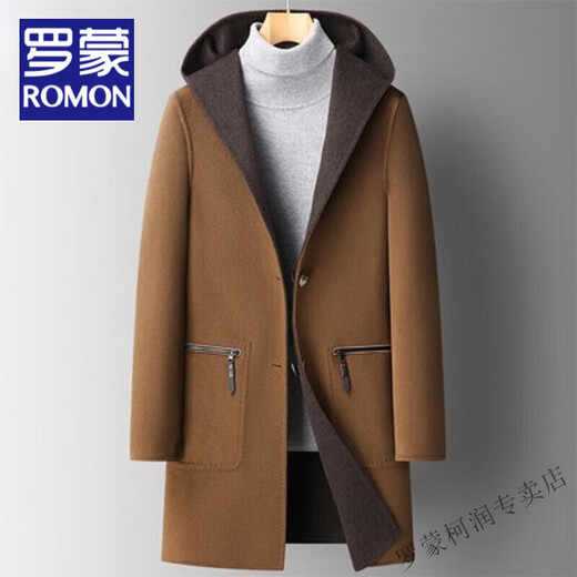 ROMON new autumn and winter hooded wool trench coat with two sides in wool trench coat mid-length double-sided trendy coat men's tweed coat black L (175) 115-135Jin[Jin equals 0.5 kg]

