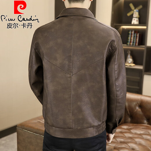 Pierre cardin spring and autumn 2025 new leather jacket men's fashionable and handsome casual high-end leather jacket trendy lapel motorcycle suit brown color L 90-110Jin [Jin equals 0.5 kg]