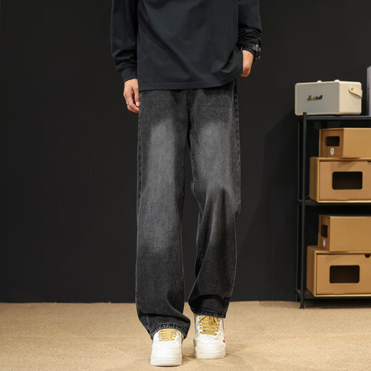 MAYBEYOND American jeans men's spring and summer high street loose straight pants wide-leg casual long pants MA78 black gray XL