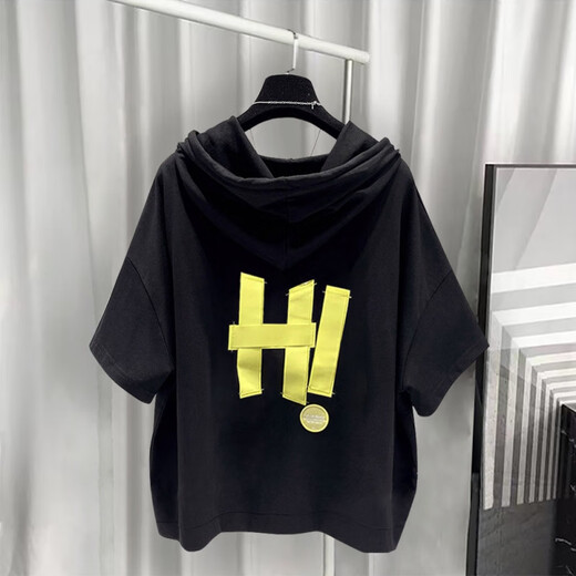 Yushida Hong Kong-Stil mit Kapuze mit Kurzärärmelanzug Herren Sommer Trendy Printed T-Shirt Handsome Ganze passende weiße T5019 + Black K9215 S Geeignet (85-105jin [Jin gleich 0,5 kg]))