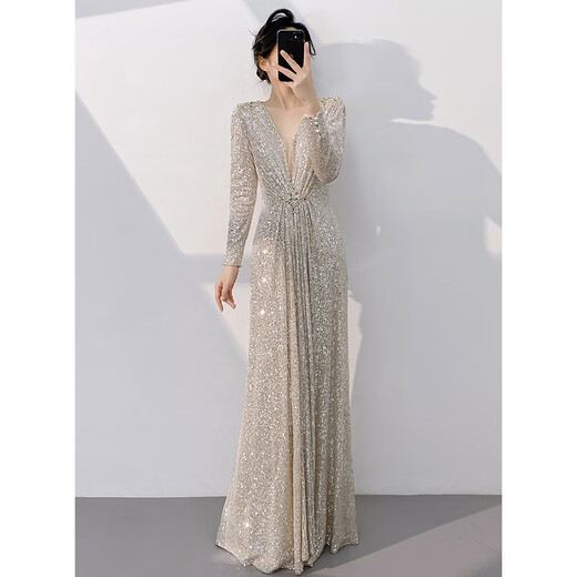 Wutuo dress is a high-end light luxury evening girl 2024 new niche long-sleeved sequin annual meeting host slim and slim apricot silver L