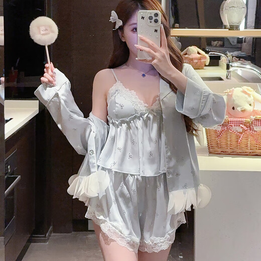 依曼安2025花瓣睡衣女冰丝胸垫新款吊带开衫四件套家居服套装春秋可外穿 1278 蓝色 【四件套】 M （80-100）斤