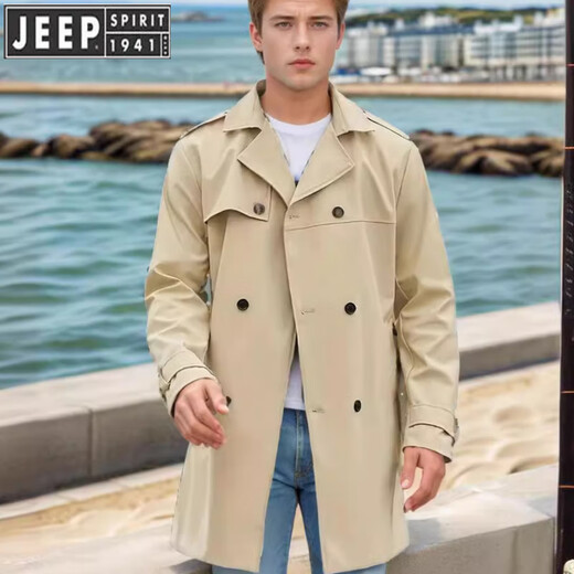 Jeep Spirit Jeep Trench Coat Herren Frühling und Herbst 2025 Neue Männerkleidung Europäischer und amerikanischer Langhülle Lampe Slim Double Breasted Casual Clothing Black L.