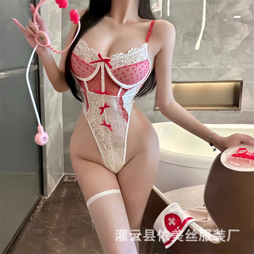 鲜橙曼欲纯欲护士制服蕾丝蝴蝶结心型透视连体衣性感套装9276 红色连体衣+发箍白开档袜 S码80-100斤