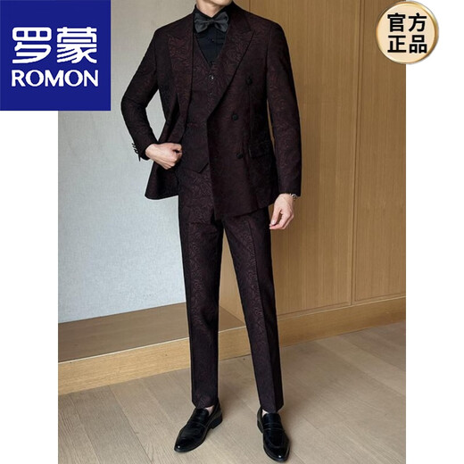 ROMON Double-breasted Dark Pattern Jacquard Dinner Suit Men's 2025 Spring and Summer Suit Three-piece Wedding Groom's Dress Fashion Burgundy Suit+Vest+Trousers Black L 110-125Jin Jin equals 0.5 kg