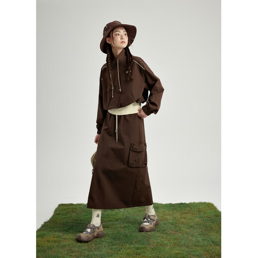 Zihan (ZIHAN) Zihan retro outdoor fake two-piece stand-up collar top straight work skirt two-piece suit women's spring new model Birch Brown M