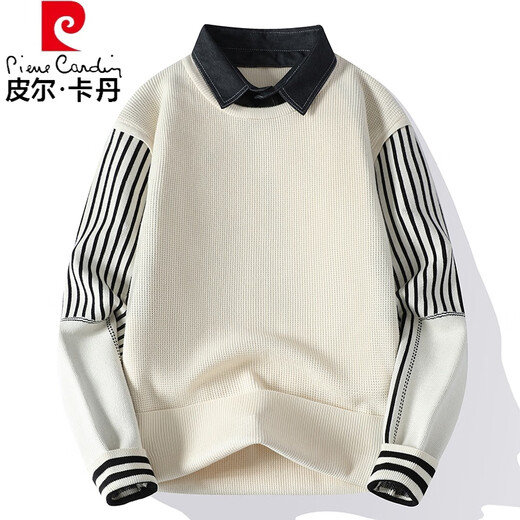 皮尔卡丹（pierre cardin）假两件毛衣男秋冬款厚款拼接针织打底衫感衬衫领加绒条纹线衣 9277黑色 (约105~120斤可穿) L