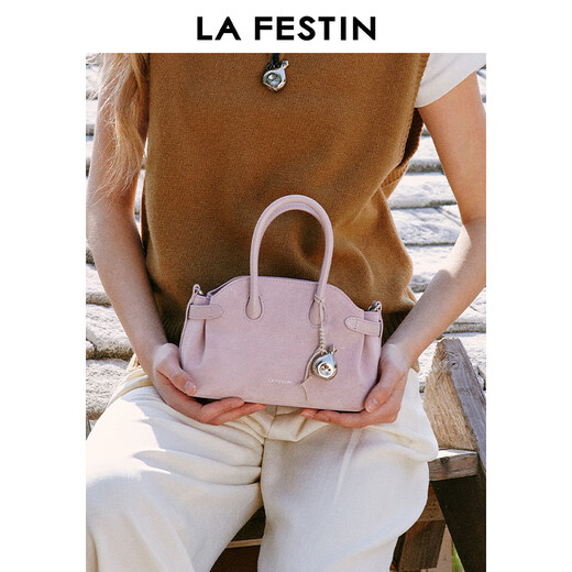 Lafitin Cadeau du Nouvel An en Daim Fat Pot 2025 Nouveau Bowling Commuter Sac à bandoulière Portable Boston Bag Daim Fleur de Cerisier Rose (Petite Taille)