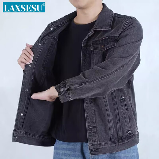LAXSESU denim jacket men's spring and autumn loose Korean version dirty and wear-resistant work jacket Y847 black M:100-115Jin[Jin equals 0.5 kg]