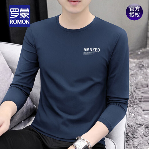 
ROMON men's long-sleeved T-shirt trendy and versatile solid color inner wear autumn tops for youth spring and autumn style slim base shirt for men 9209 white 90-115Jin[Jin equals 0.5 kg] M
