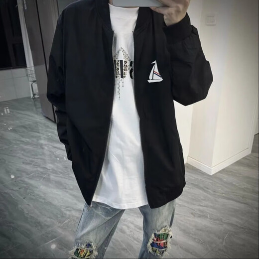 夹克男外套春秋美式高街网红同款纯色帆船棒球服休闲潮牌百搭上衣 黑色-淘梦-W727 L