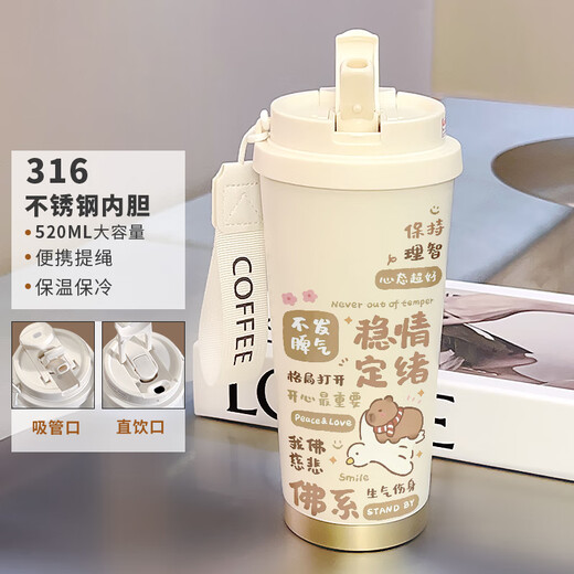 吸管保温杯果盈卡通情侣保温杯男女大容量运动水杯便携 不锈钢内 不锈钢内胆-FA1276山+挂绳 520ml