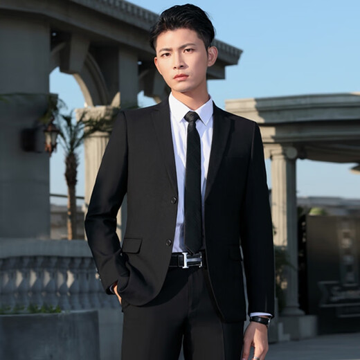 凌卡戚西服套装男士商务西装修身西装全套男职业正装新郎伴郎结婚礼服 (2件套)黑西装外套+白衬衣 L (1105-125斤)