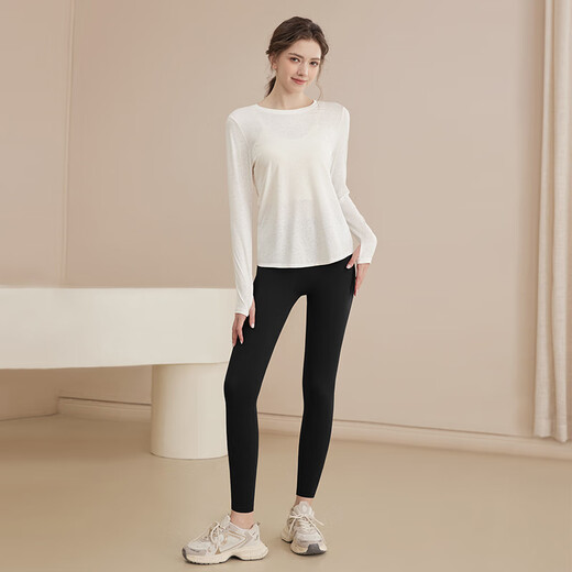 Youyou Yoga Wear Women's Autumn and Winter Sports Cover-up Long Sleeve Slim Loose Breathable Running Pilates Training Top Fitness Wear White Top + Black Pants XL Weight 130-145Jin Jin is equal to 0.5 kg