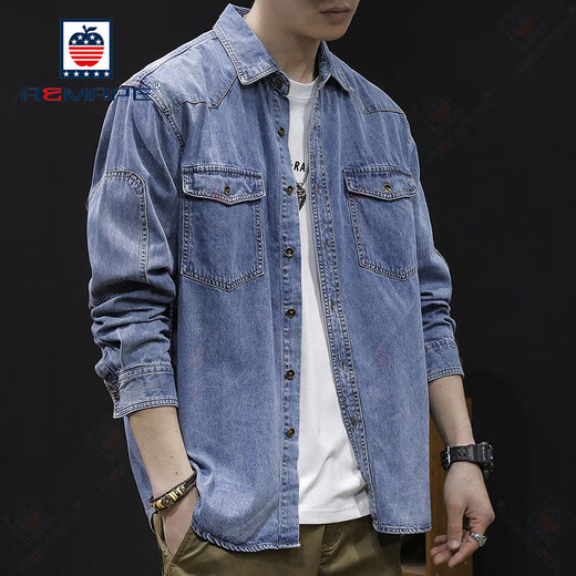 AEMAPE休闲衬衫男春季美式衬衣男款2025新款外套男士春秋上衣长袖牛仔 蓝色723款 2XL 适合155-170斤