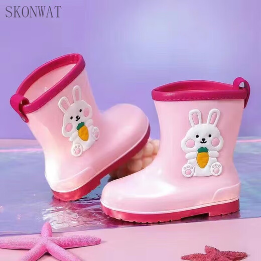 SKONWAT children's rain boots girls rain boots baby cute carrot rabbit kids water boots warm student children's anti-slip waterproof shoes Pink rainbow horse [standard size] Inner length 17.cm 27 sizes