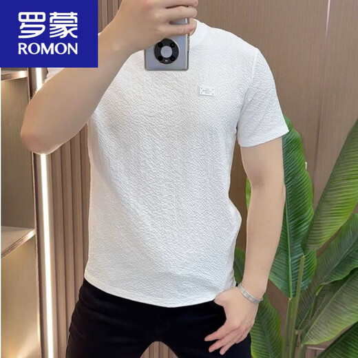 Romon Designer Summer Ice Silk Texture brodé de cou rond à manche à manches courtes pour hommes à manches courtes à la mode polyvalente et confortable nouveau produit 1105 blanc M 80-105Jin [Jin est égal à 0,5 kg]