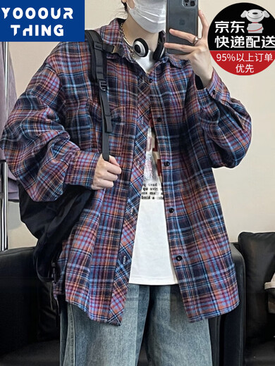 
YOOOURTHING American retro plaid shirt men's long-sleeved spring, autumn and winter plus velvet thickened loose couple's versatile casual shirt jacket CJ9734-Yellow plaid plus velvet XL (recommended 125-145Jin [Jin equals 0.5 kg]) Universal size