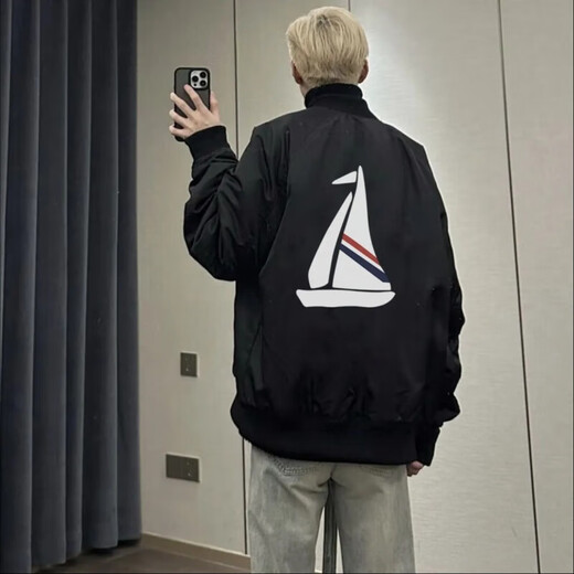 夹克男外套春秋美式高街网红同款纯色帆船棒球服休闲潮牌百搭上衣 黑色-淘梦-W727 L