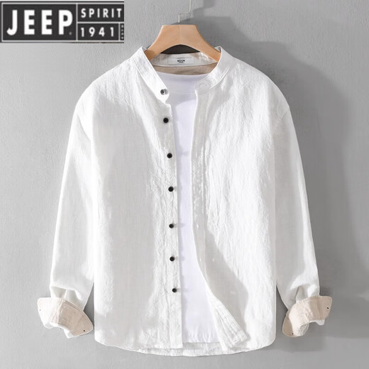 JEEP SPIRIT男士亚麻长袖衬衫日系休闲立领新中式男装春秋季棉麻衬衣外套 9896灰绿色 L 120斤左右