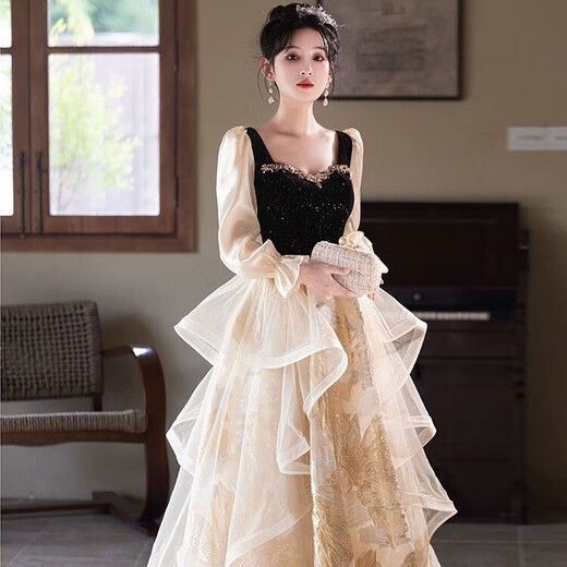 Li Baixin French Annual Party Evening Dress for Women 2025 New High-end Temperament Long-sleeved Princess Vocal Art Exam Dress Black 3XL Recommended 130-135 Jin Jin equals 0.5 kg