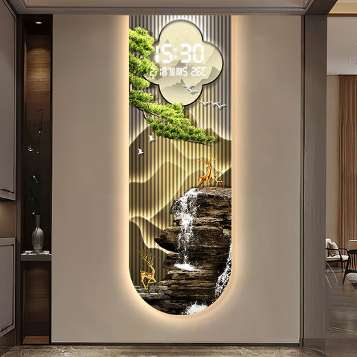 
Raft core perpetual calendar electronic display screen welcomes pine living room 2024 wall clock digital display intelligent clock entrance decoration 15122 (Shanshui Fulu-B) 50*150cm regular painting without lamp model [digital display + power bank model]