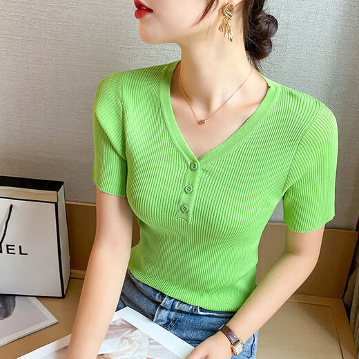 Hengyuanxiang (HYX) 2025 Nuevo suéter de seda de hielo Base de cuello en V suelta Camiseta roja de manga corta de manga corta Ins torturada camiseta de verano 9923# White M [sugerido 95-105Jin [Jin iguala 0.5 kg]]