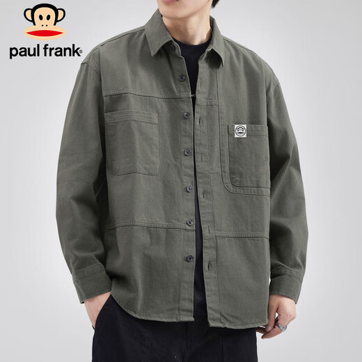 大嘴猴（paul frank）长袖衬衫男士春秋季美式复古休闲工装外套男上衣男装 森绿色 XL