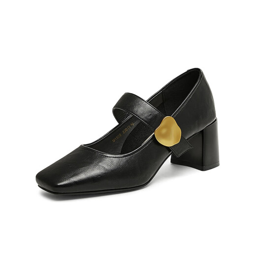 Los mejores 25 primavera retro Mary Jane zapatos de tacón grueso Toe Singles para mujeres M1509AQ5 Negro 39