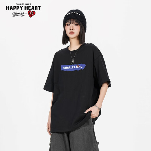 T-shirts Charles Peach Heart pour hommes et femmes, petit monstre imprimé en coton pur couple de base de base de base courte, noir m
