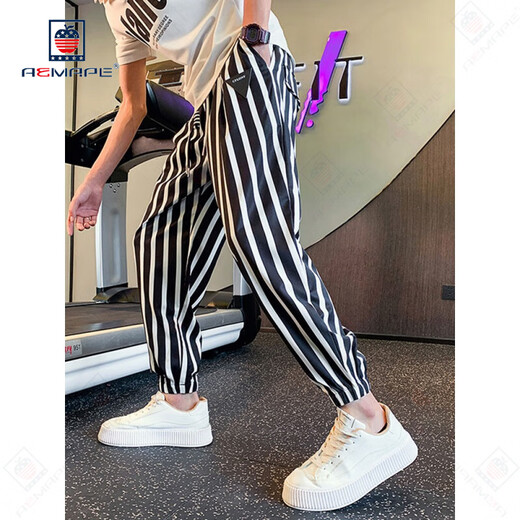 Pantalones casuales de aemape para pantalones de seda de hielo de rayas delgadas para hombres para pantalones de harén sueltos de verano para pantalones de hombres nuevos pantalones recortados estilo principal de imagen principal en forma suelta 120 Jin [Jin iguala 0.5 kg] m
