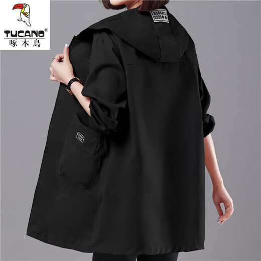 Woodpecker Middle-aged Mom M Mom Outfit Hooded Medium-Length Single Layer Thin Jacket Women's Spring and Autumn New 40 Years 50 Casual Loose Clip 866# Blue Medium-Length 4XL [Suggested 160-180Jin [Jin equals 0.5 kg]]