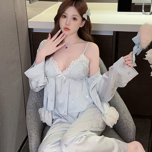 依曼安2025花瓣睡衣女冰丝胸垫新款吊带开衫四件套家居服套装春秋可外穿 1278 蓝色 【四件套】 M （80-100）斤